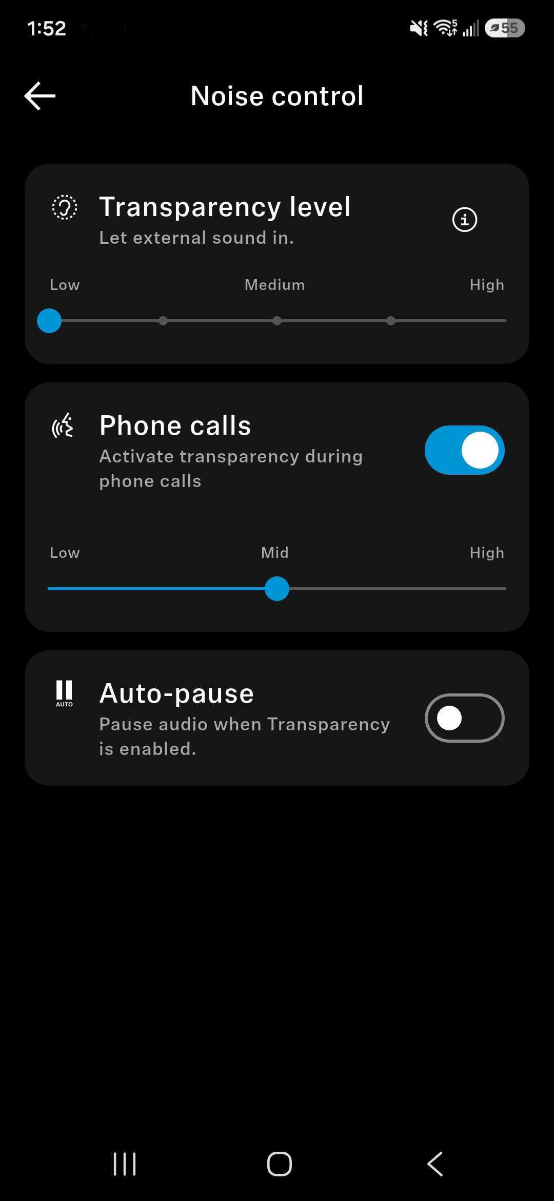 A screenshot of the Sennheiser Smart Control Plus app's sidetone controls.