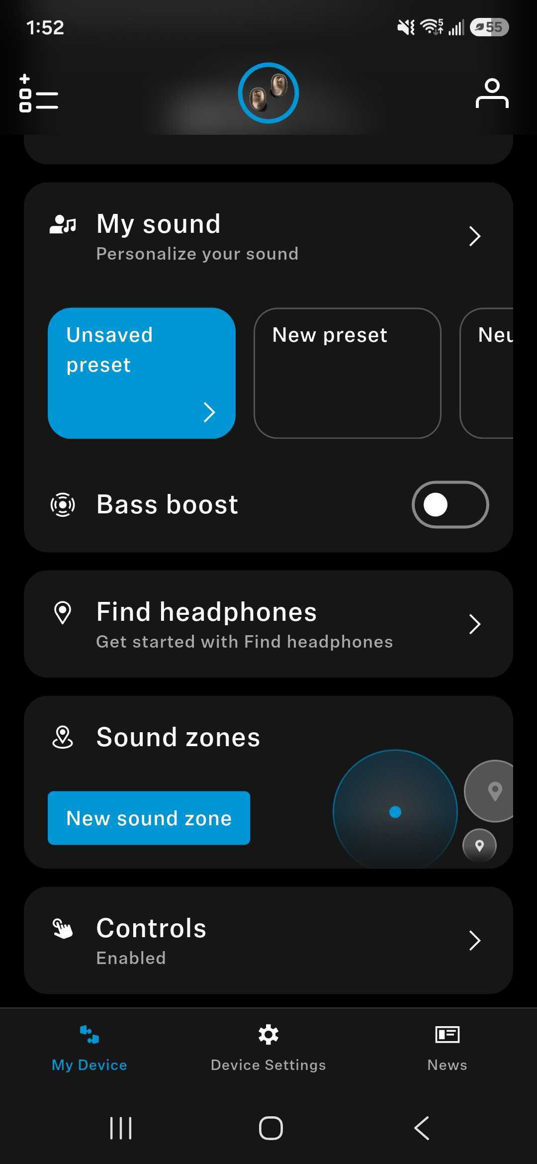 A screenshot of the Sennheiser Smart Control Plus app's main screen.