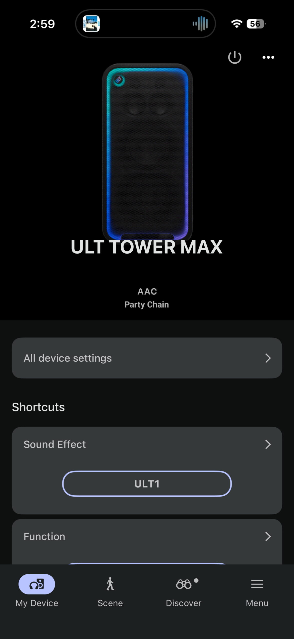 Sony Sound Connect app showing the ULT TOWER MAX connected with ULT 1 selected.