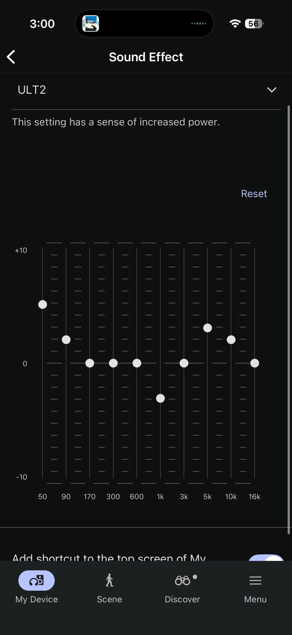 Sony Sound Connect app showing the 10-band equalizer with ULT 2 enabled