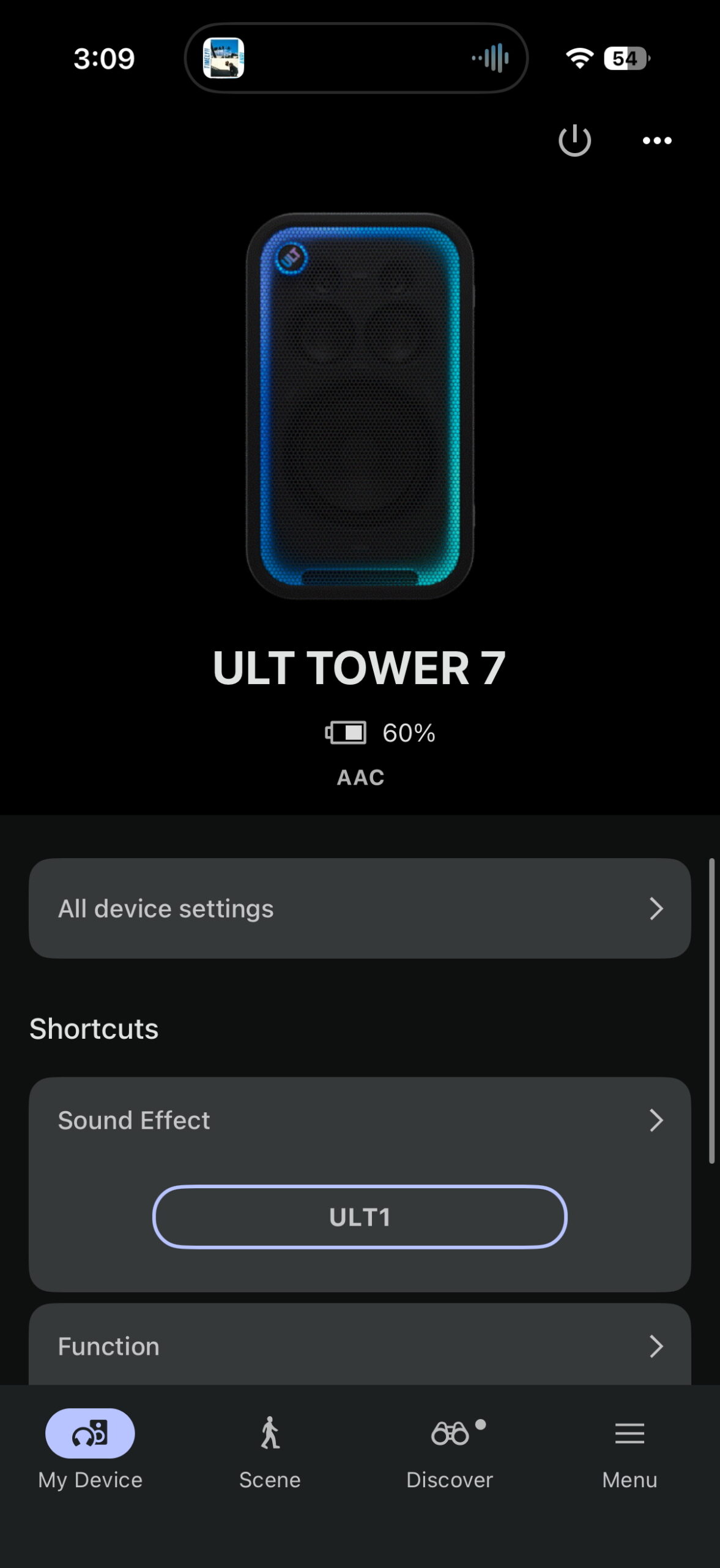 Screenshot of the Sony Connect app while connected to a Sony ULT TOWER 7