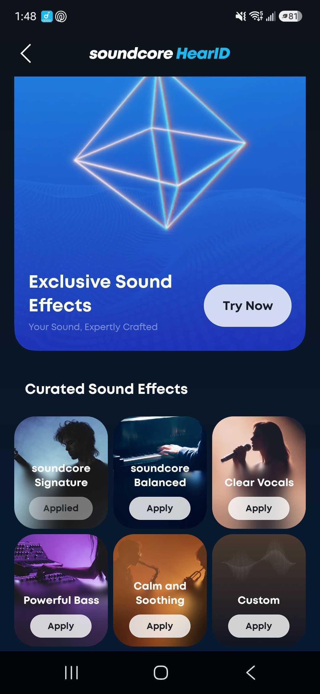 The Soundcore app’s HearID homepage displays six curated sound profiles, including Signature, Balanced, Clear Vocals, Powerful Bass, Calm and Soothing, and Custom.