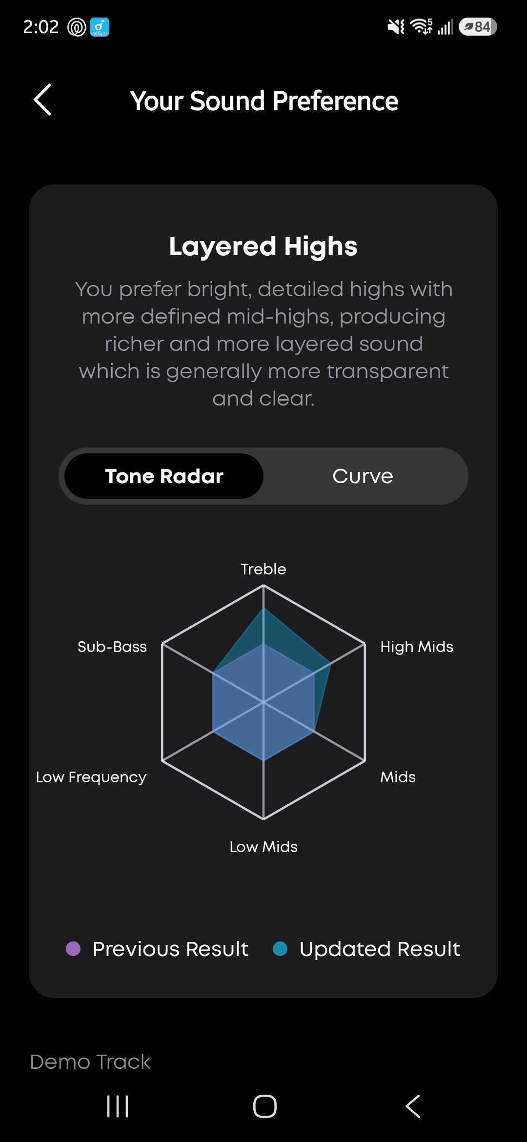 The HearID results screen shows a “Layered Highs” preference with a tone radar comparing previous and updated results across six frequency ranges.