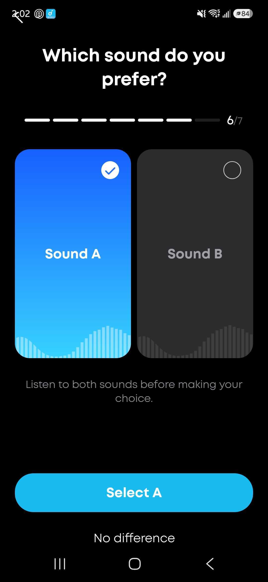 The Soundcore HearID sound preference test asks the user to choose between Sound A and Sound B during step six of seven.