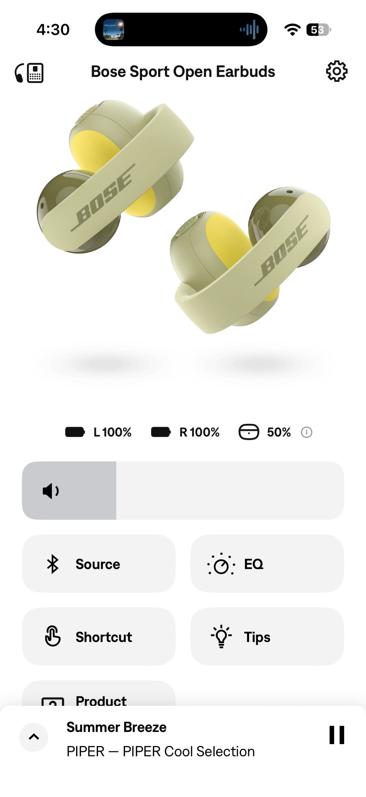 Bose app showing battery levels and controls for the Bose Sport Open Earbuds
