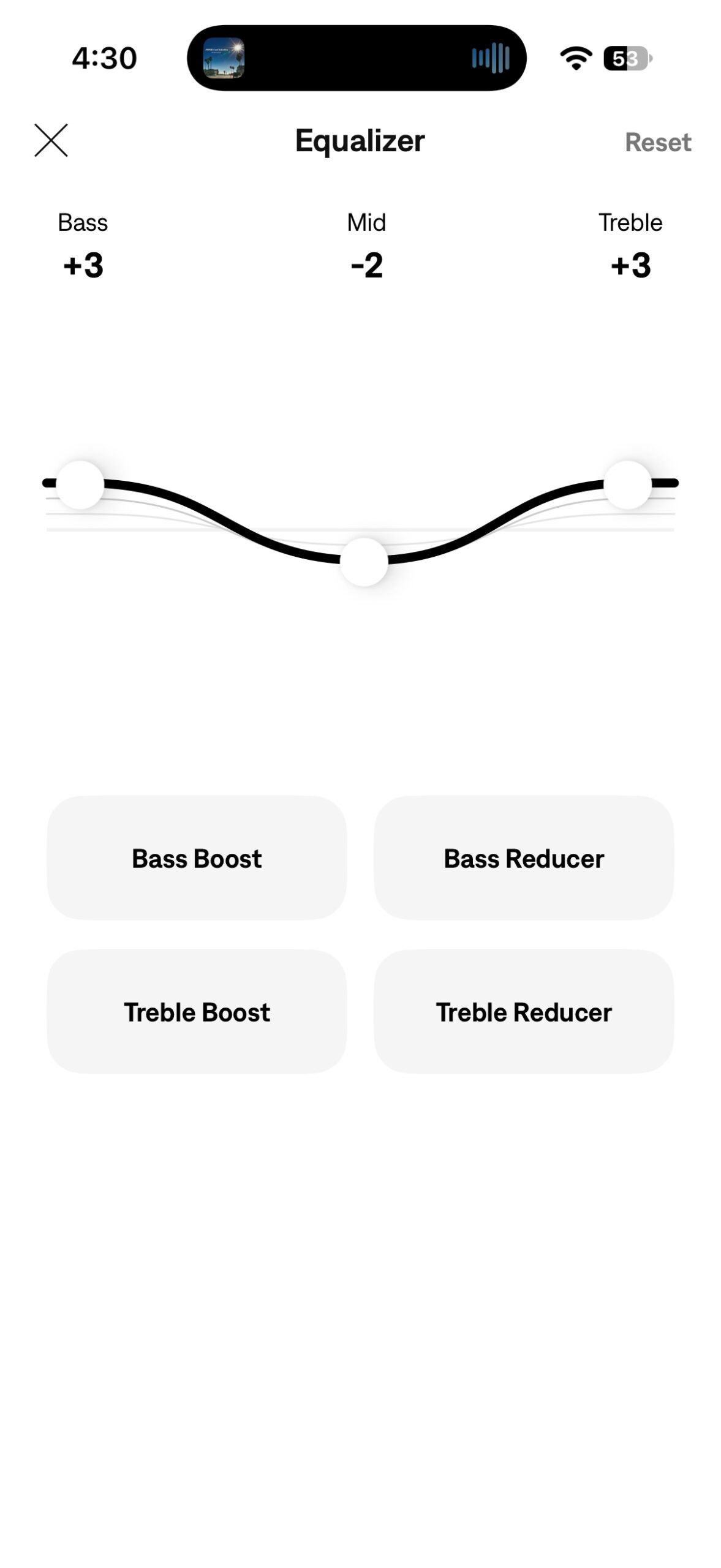 Bose app showing the three-band equalizer for the Bose Sport Open Earbuds