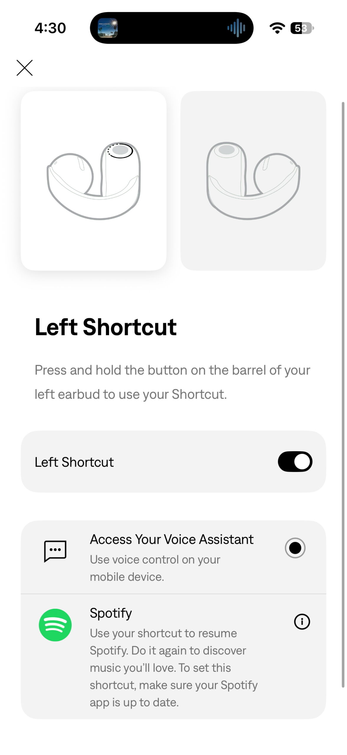 Bose app showing shortcut options for the left Bose Sport Open Earbud
