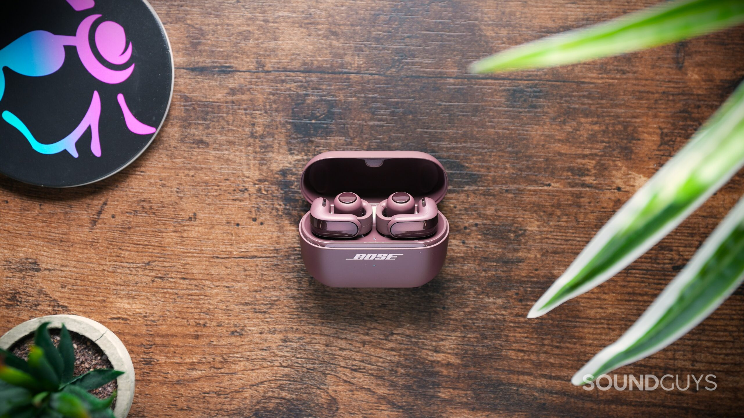 Bose Ultra Open 2 Cherry Chocolate Bose Ultra Open 2 earbuds in their open charging case on a wooden table surrounded by plants.