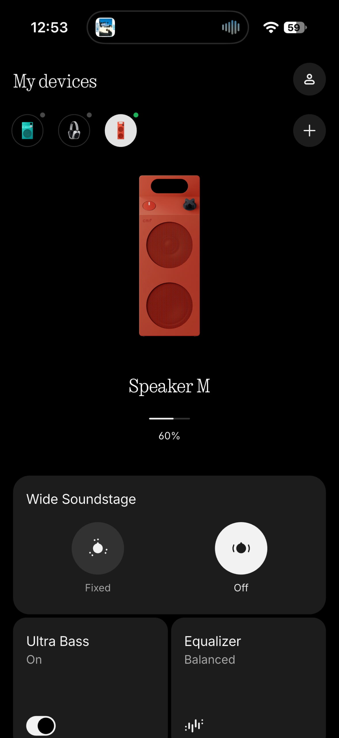 Nothing X app showing the orange CMF Speaker M with Wide Soundstage turned off, Ultra Bass enabled, and the Balanced EQ preset selected.