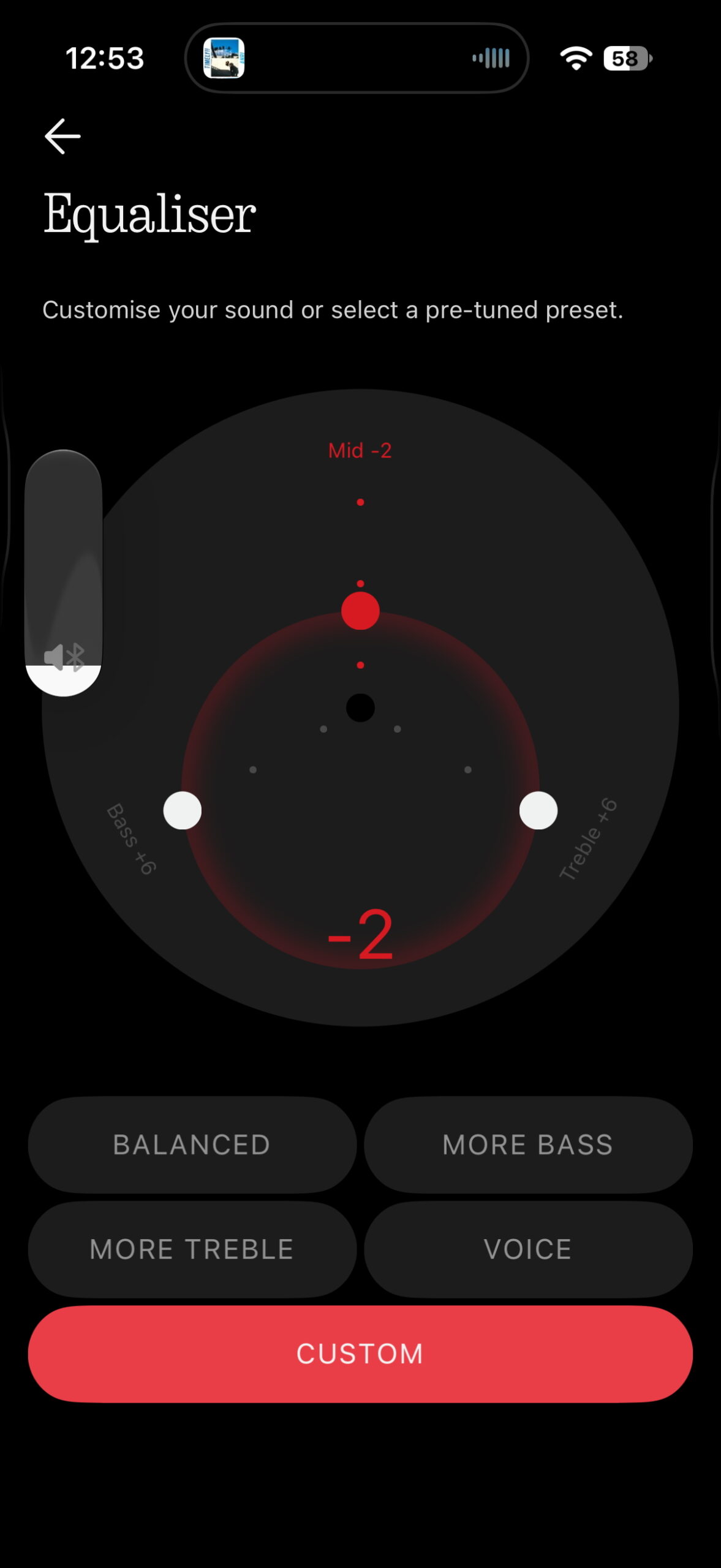 Nothing X app showing the CMF speaker's custom three-band equalizer and four EQ presets: Balanced, More Bass, More Treble, and Voice.