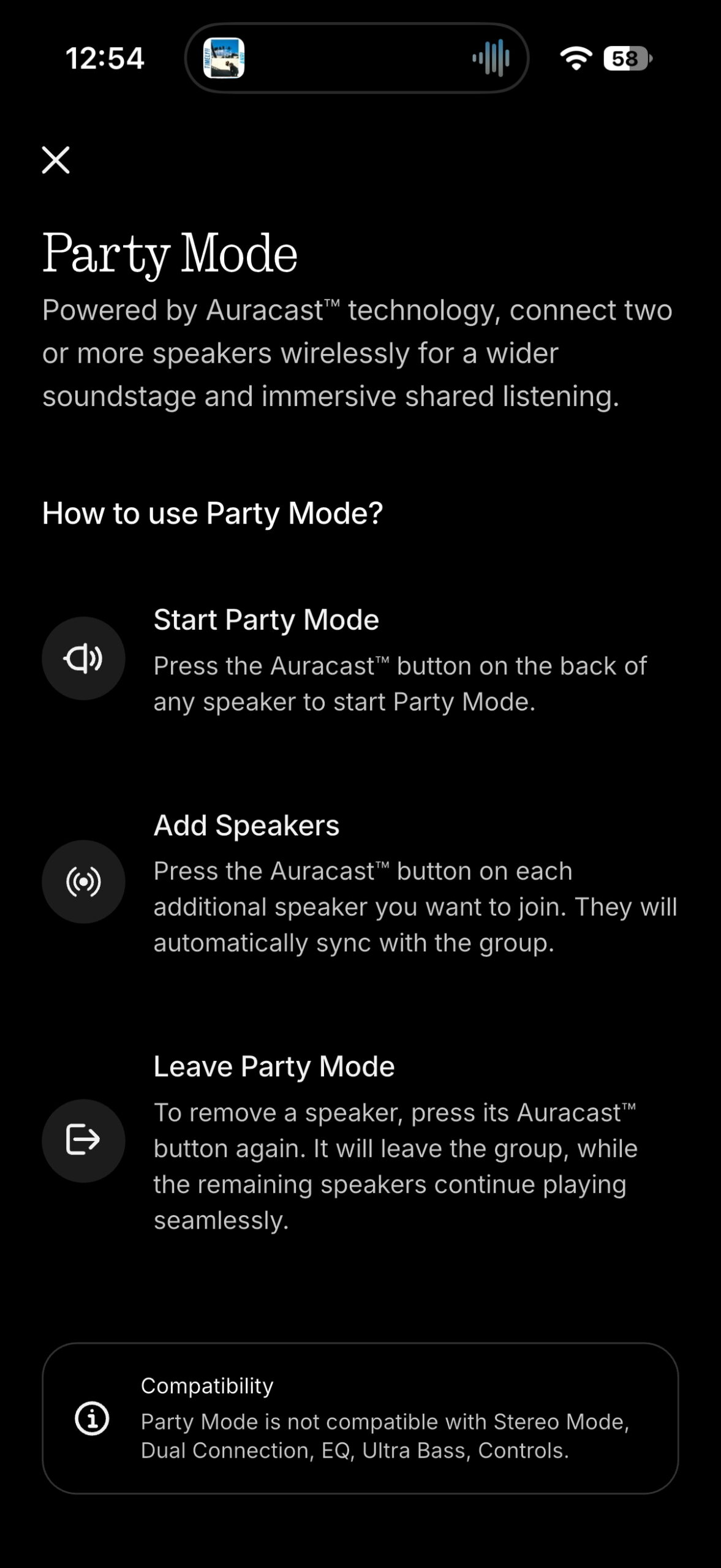 Nothing X app explaining how to connect multiple CMF speakers using Auracast Party Mode and listing incompatible features.