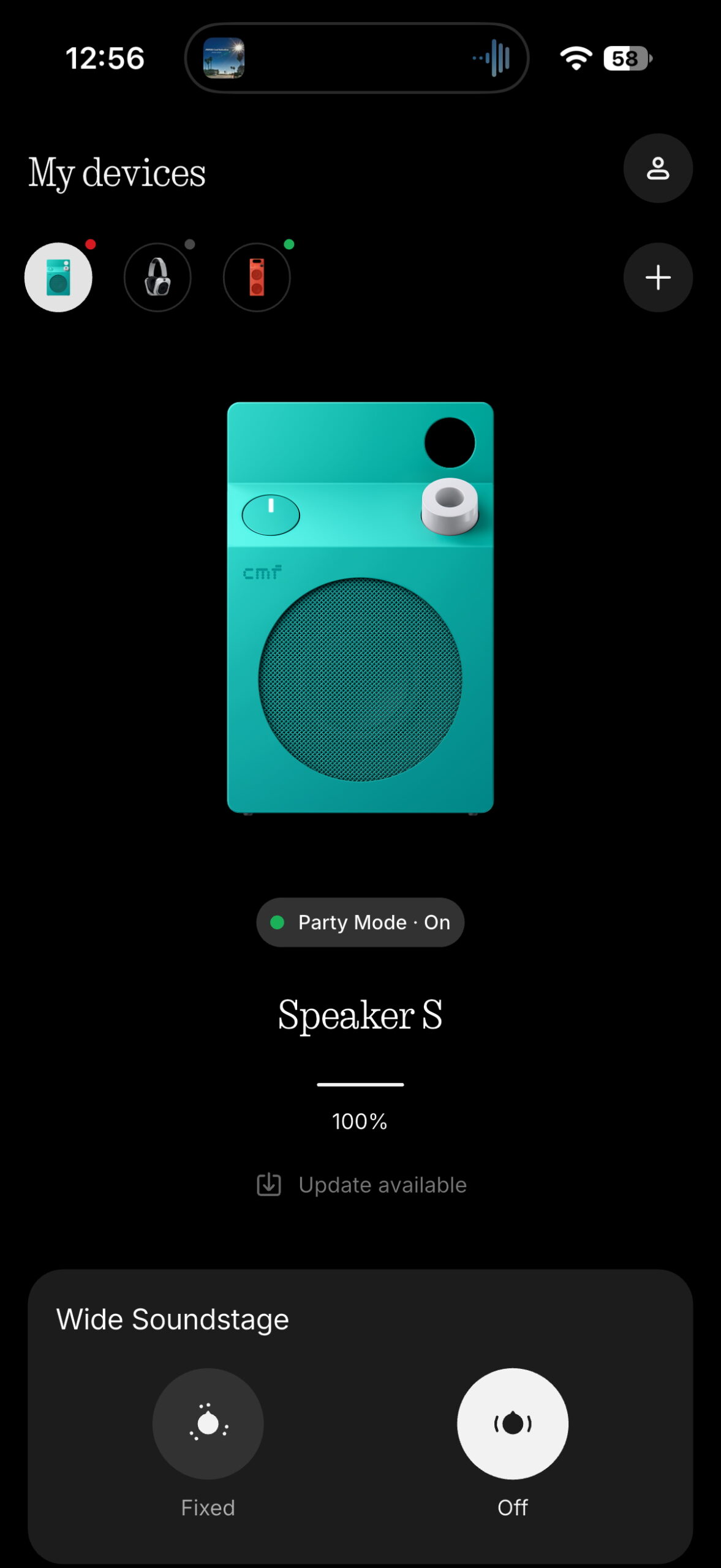 Nothing X app showing the turquoise CMF Speaker S, battery level, Party Mode status, and Wide Soundstage settings.