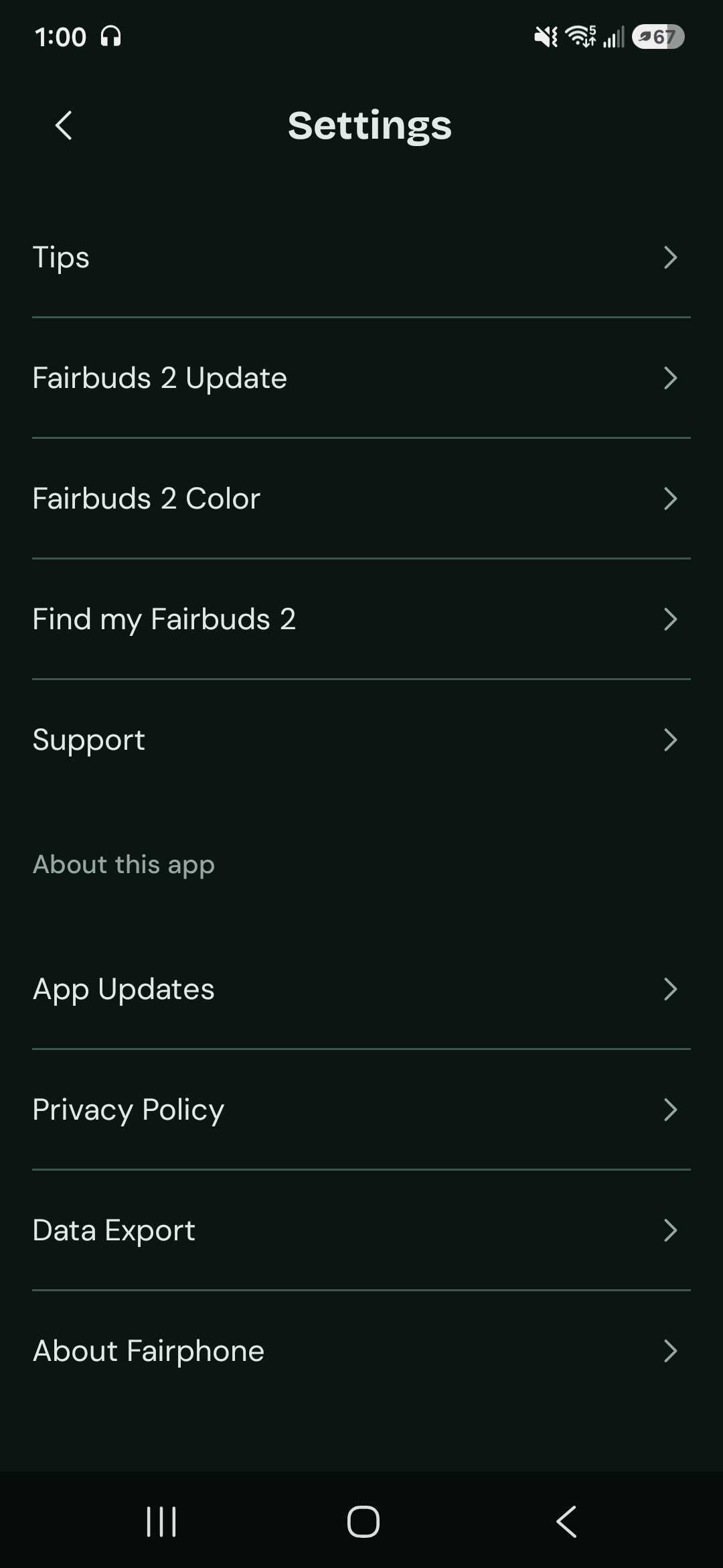The extra settings menu of the Fairphone Fairbuds 2.