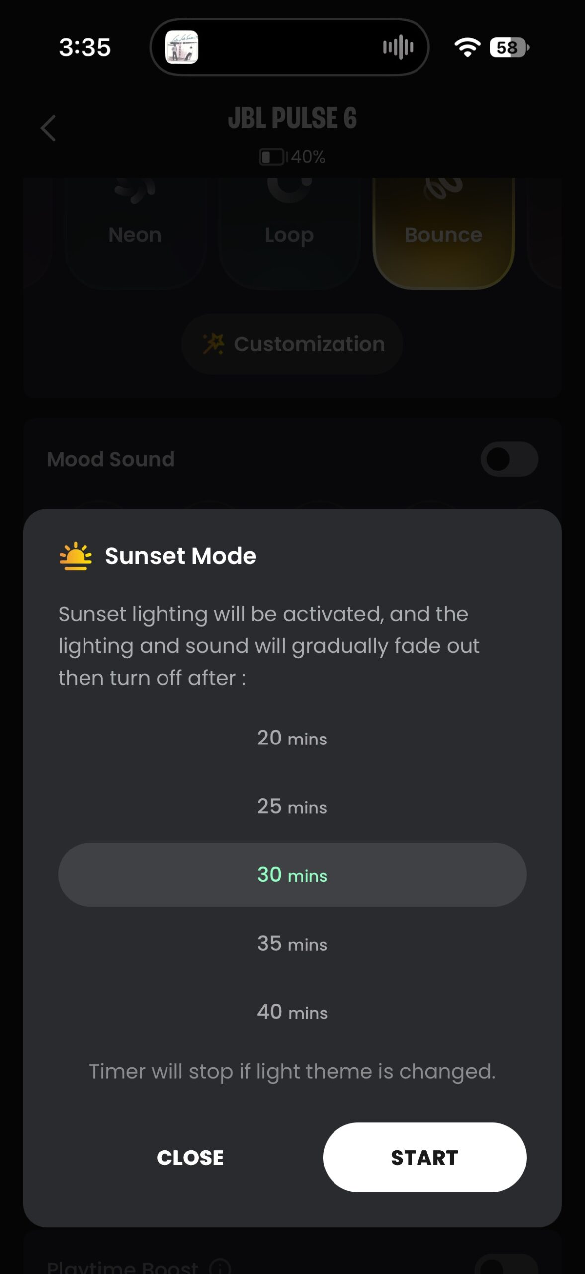 JBL One app showing the Pulse 6 Sunset Mode timer, with 30 minutes selected.