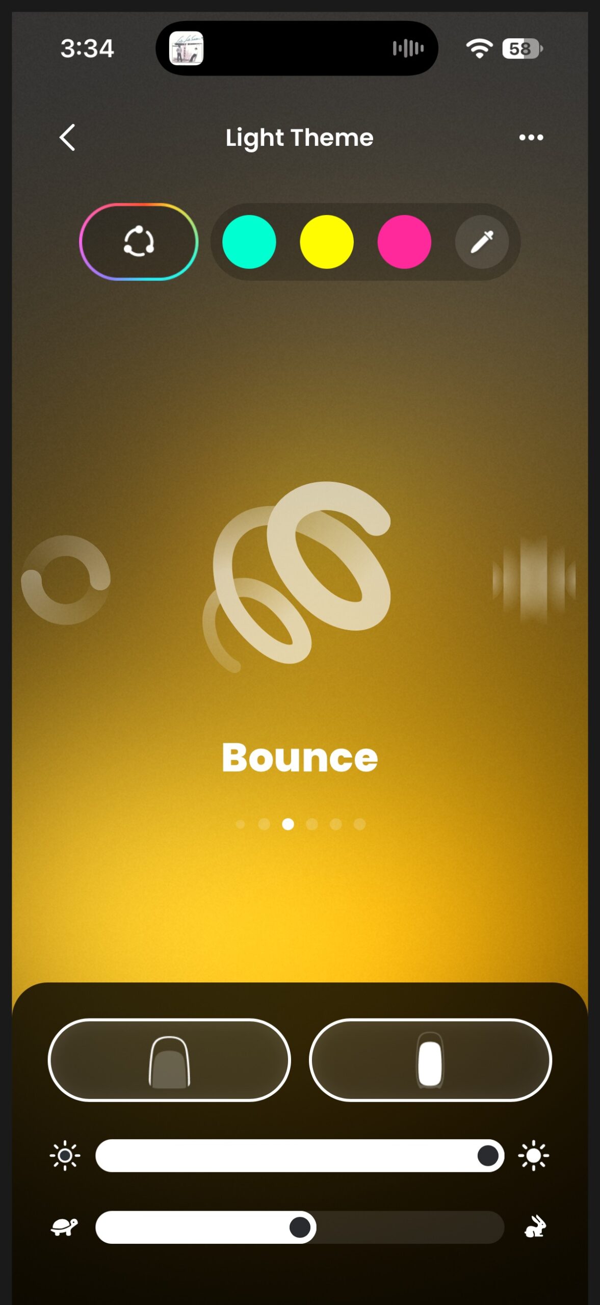 JBL One app showing the Bounce light theme with color selections, brightness, and animation speed controls for the Pulse 6.