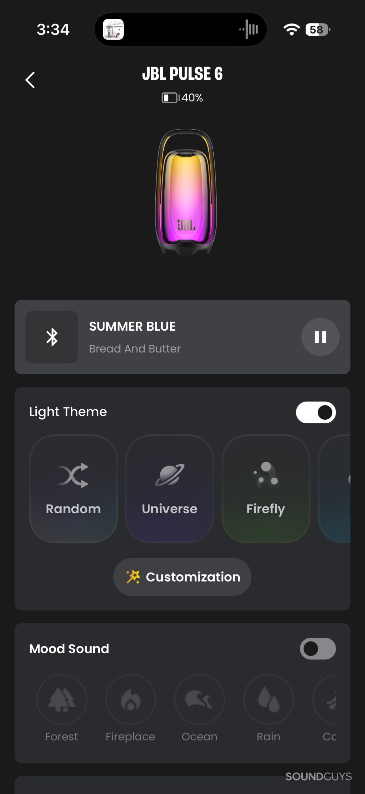 JBL One app showing the Pulse 6 battery level, light themes, customization options, and Mood Sound controls.