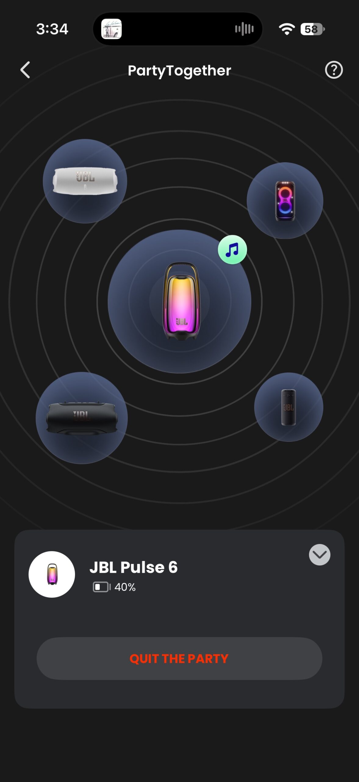 JBL One app PartyTogether screen showing the Pulse 6 grouped with other compatible JBL Bluetooth speakers.