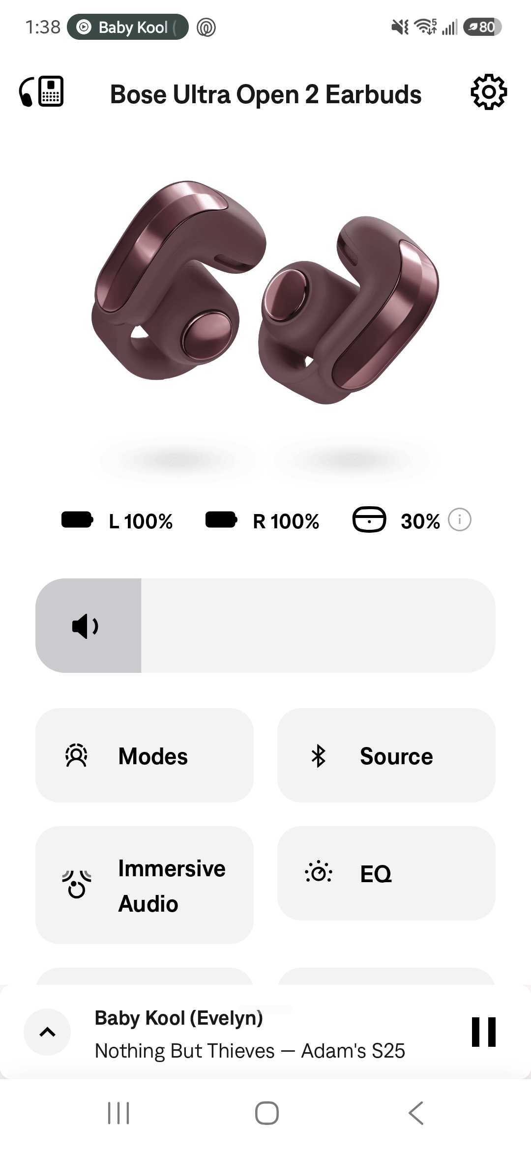 Bose app home screen for the Ultra Open 2 earbuds, showing both earbuds at 100% battery, the case at 30%, and volume, Modes, Source, Immersive Audio, and EQ controls.