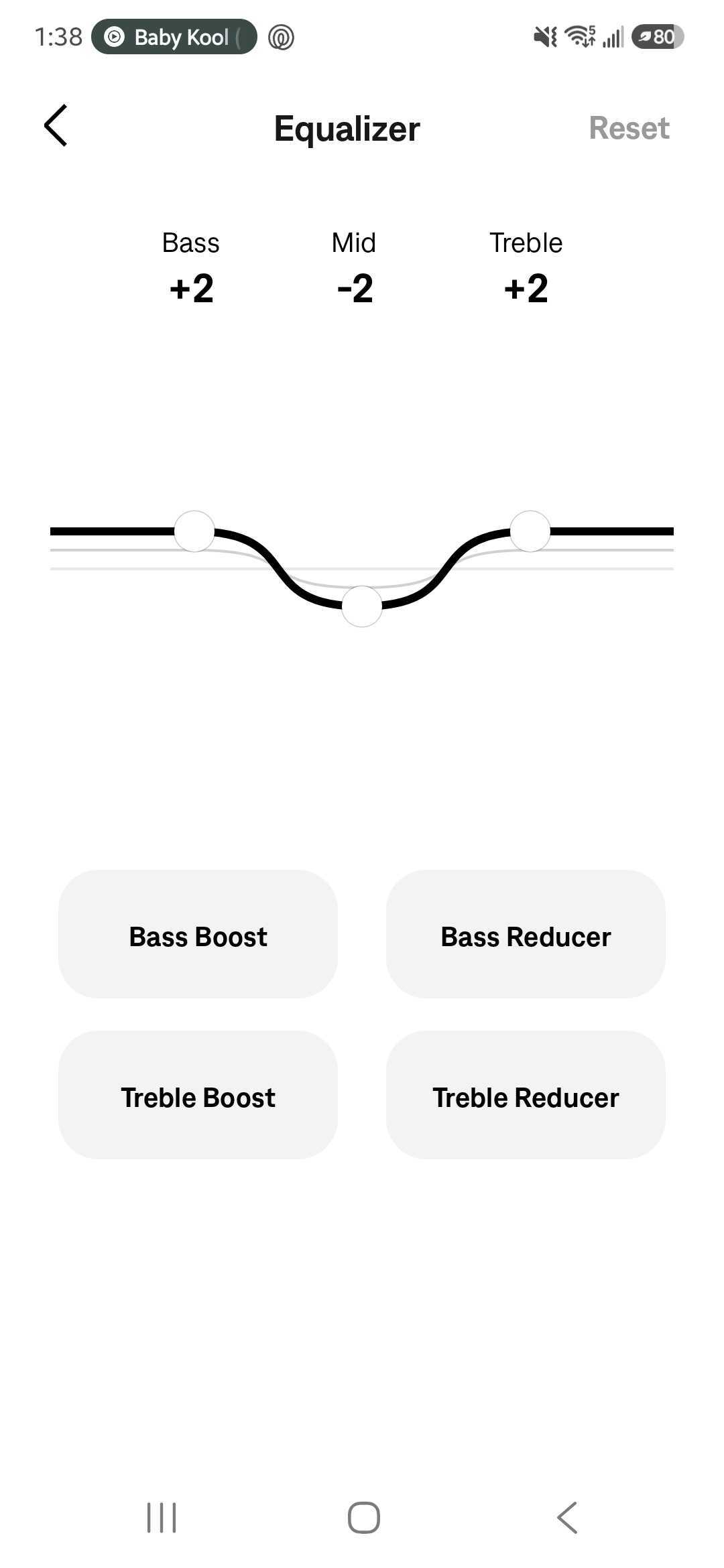 Bose app Equalizer screen with bass set to +2, mids to −2, and treble to +2, plus bass and treble boost and reduction presets.