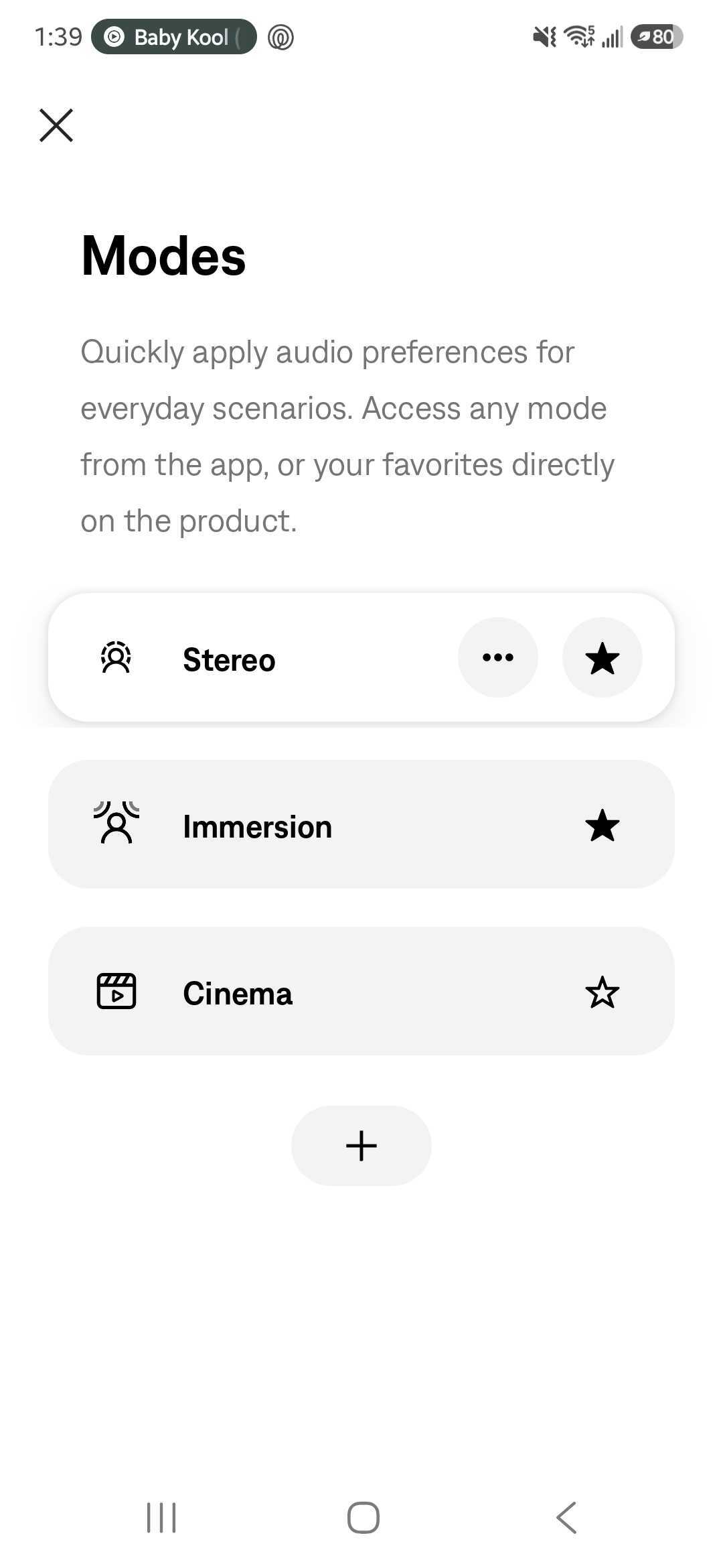 Bose app Modes screen showing Stereo selected, Stereo and Immersion marked as favorites, and a Cinema mode option.