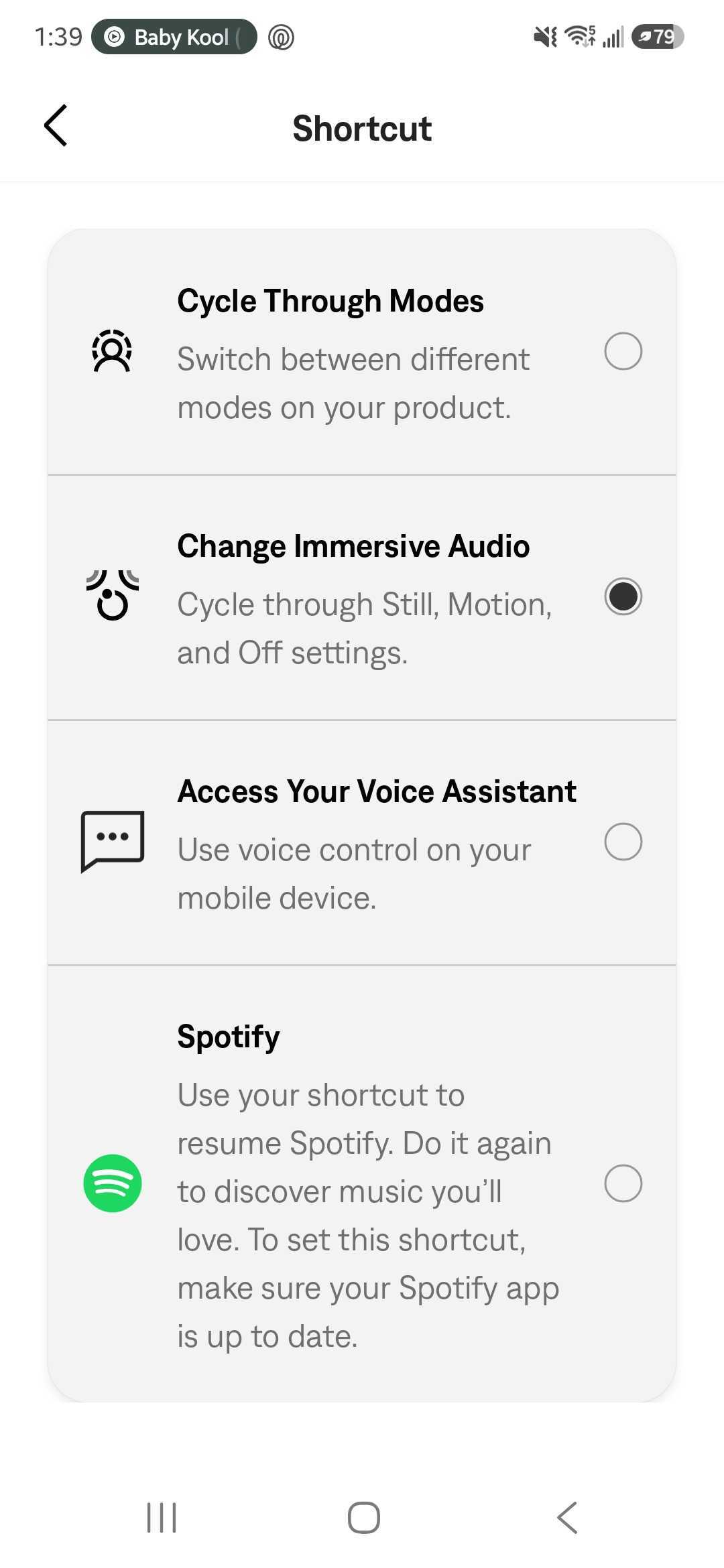 Bose app Shortcut menu with Change Immersive Audio selected, alongside options for cycling modes, accessing a voice assistant, and Spotify.