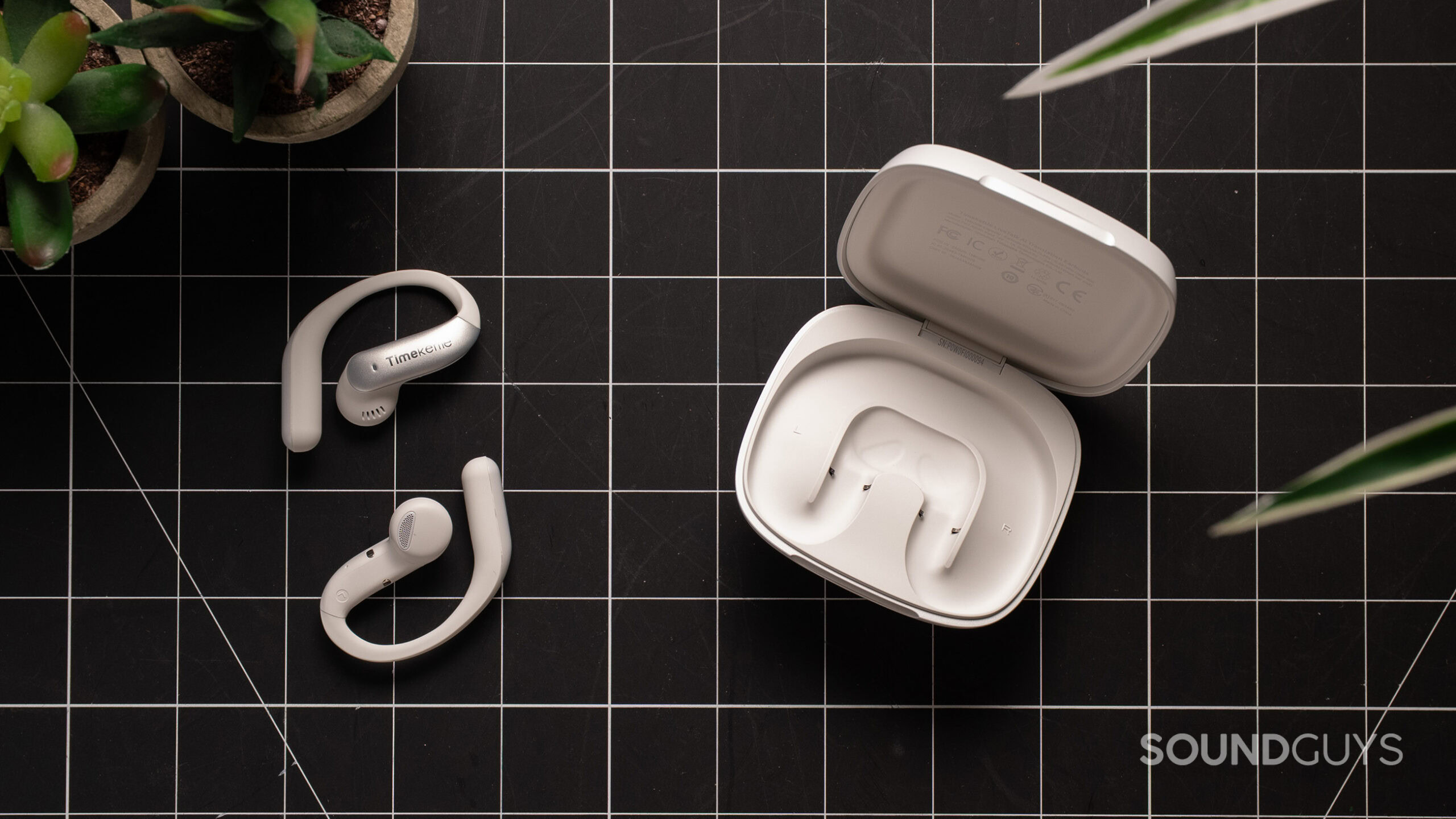 Timekettle Livetalk earbuds next to case Timekettle Livetalk earbuds next to case.