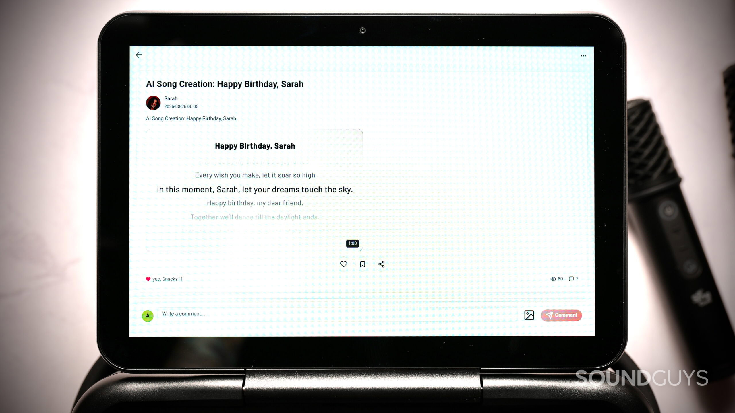 Singcore S1 Pro touchscreen displaying an AI-generated birthday song titled Happy Birthday, Sarah.