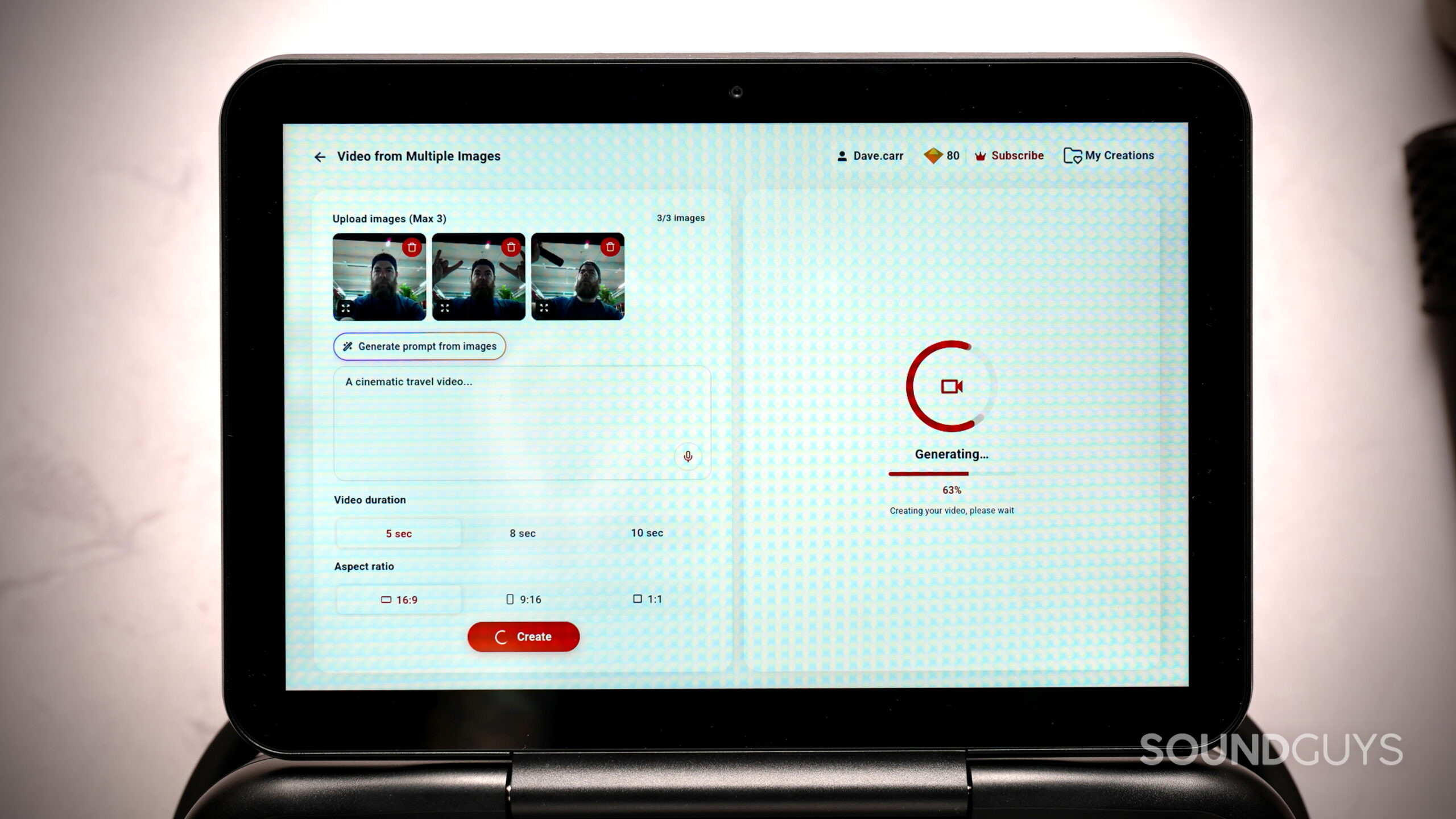 Singcore S1 Pro touchscreen showing AI video generation from three uploaded images, with a progress indicator at 63%.